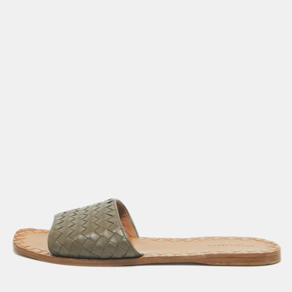 Bottega Veneta Grey Intrecciato Leather Flat Slides Size 40