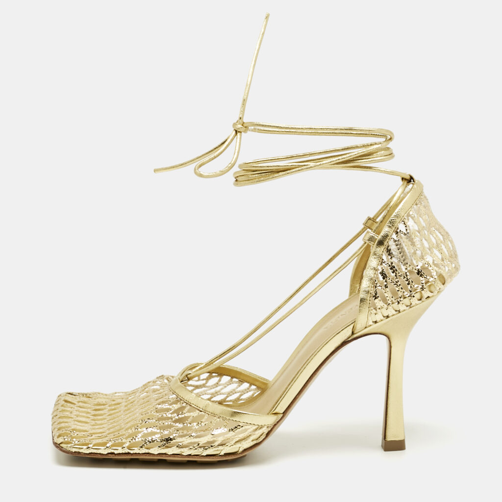 Bottega Veneta Gold Knit Fabric and Leather Stretch Wrap Pumps Size 39