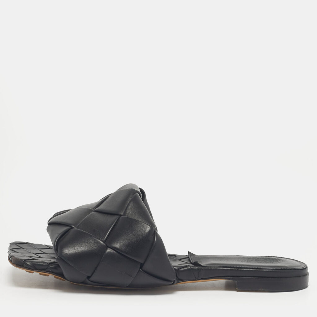 Bottega Veneta Black Woven Leather Lido Flat Slide Size 37.5