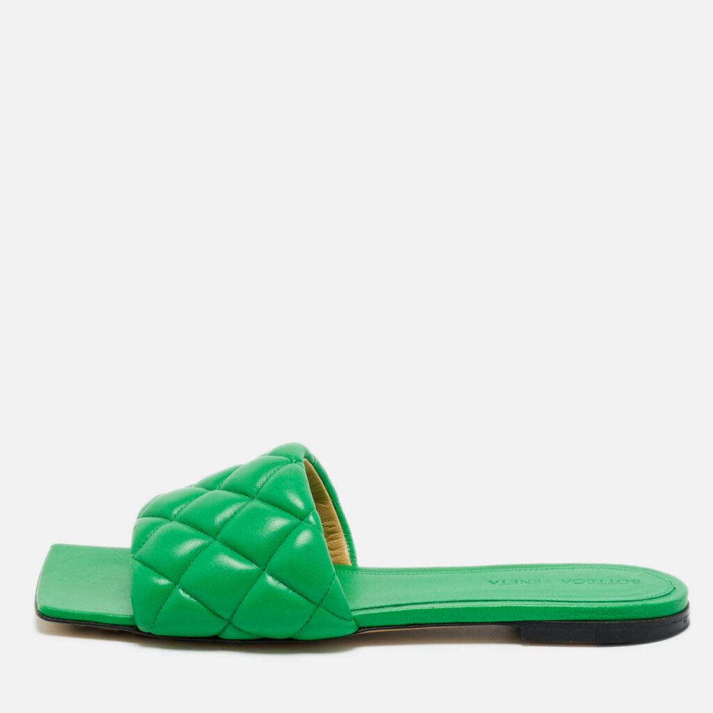 Bottega Veneta Green Intrecciato Leather Lido Flat Slide Sandals Size 37