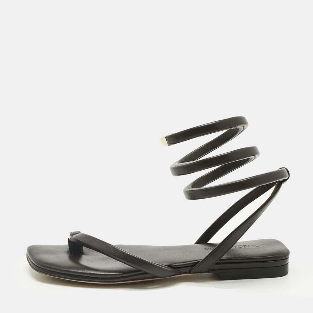 Bottega Veneta Dark Brown Leather Spiral Flat Sandals Size 37