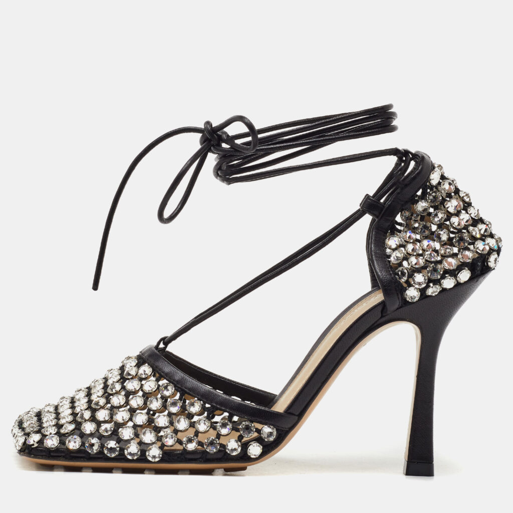Bottega Veneta Black Leather Sparkle Stretch Ankle Tie Up Sandals Size 36.5