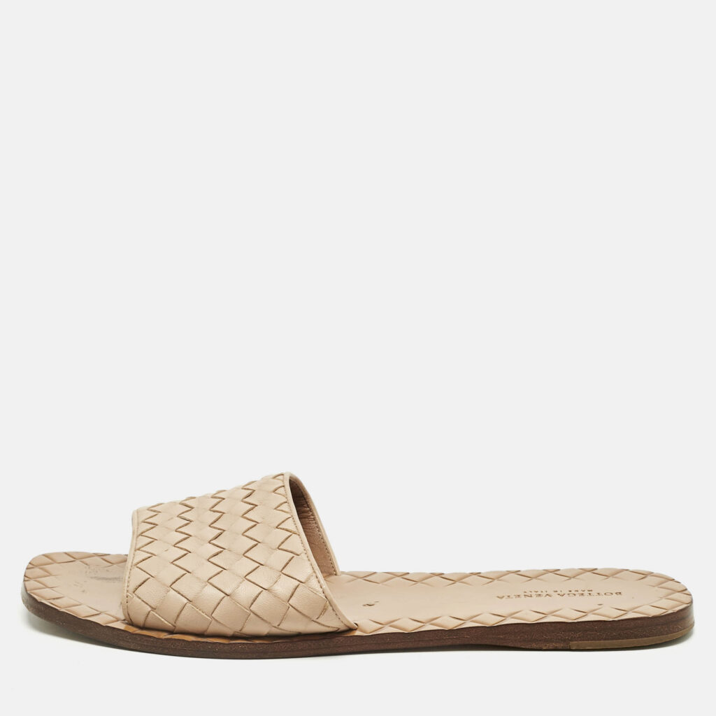 Bottega Veneta Beige Intrecciato Leather Slide Sandals Size 36.5