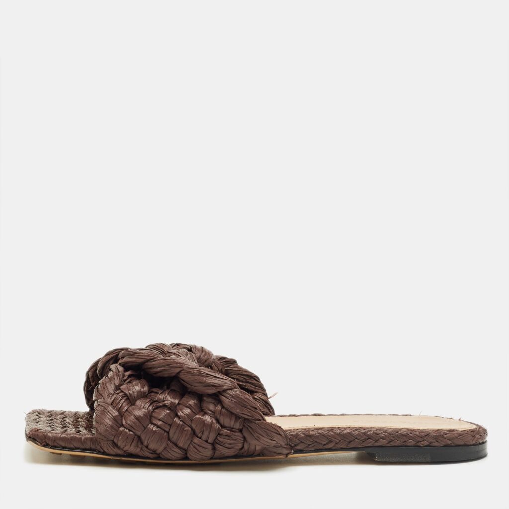Bottega Veneta Dark Brown Woven Straw Lido Flat Slide Size 38 Bottega Veneta Dark Brown Woven Straw Lido Flat Slide Size 38