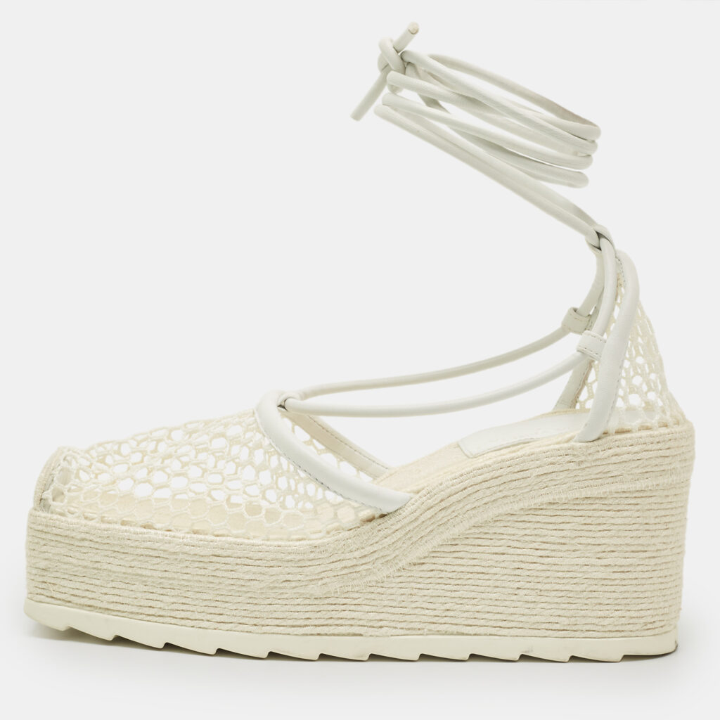 Bottega Veneta White Mesh and Leather Sporty Web Wedge Espadrille Sandals Size 39