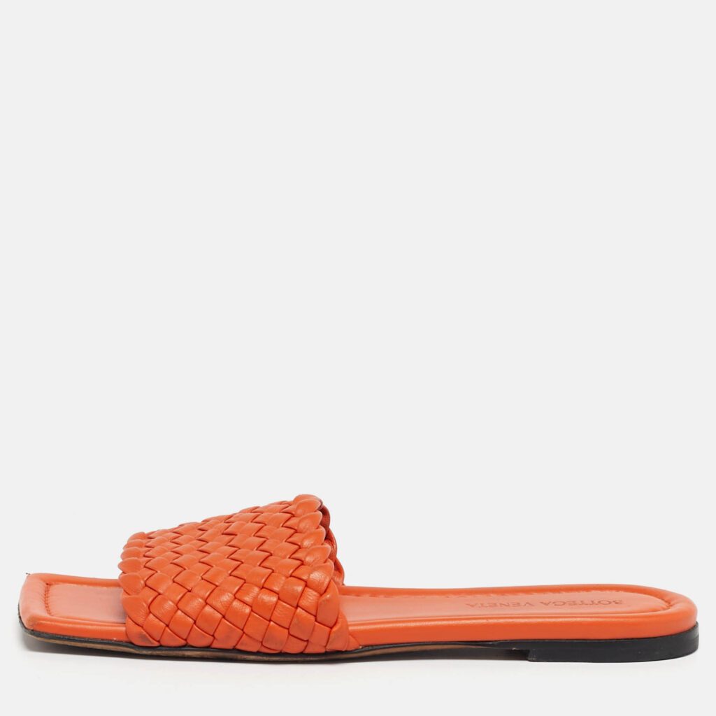 Bottega Veneta Orange Intrecciato Leather Flat Sandals Size 37 Bottega Veneta Orange Intrecciato Leather Flat Sandals Size 37