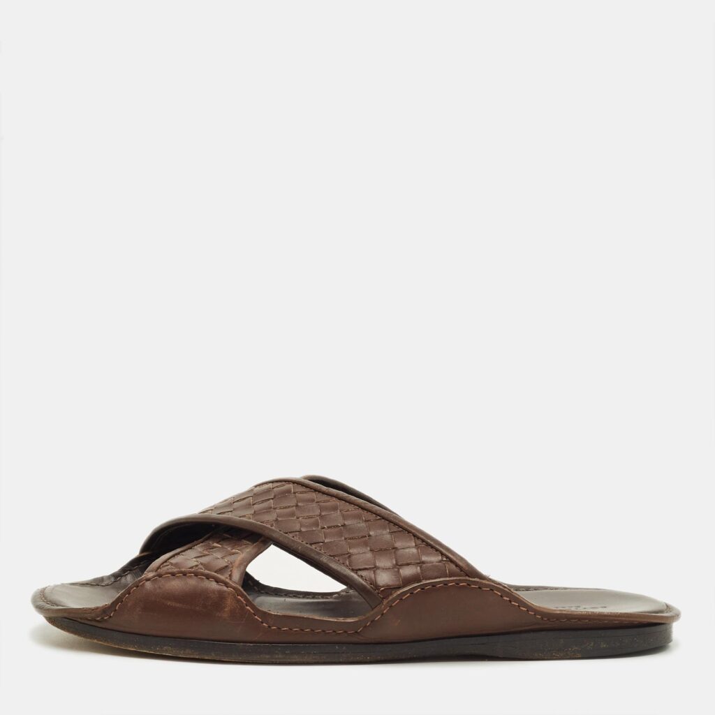 Bottega Veneta Brown Intrecciato Leather Crisscross Flat Slide Size 40