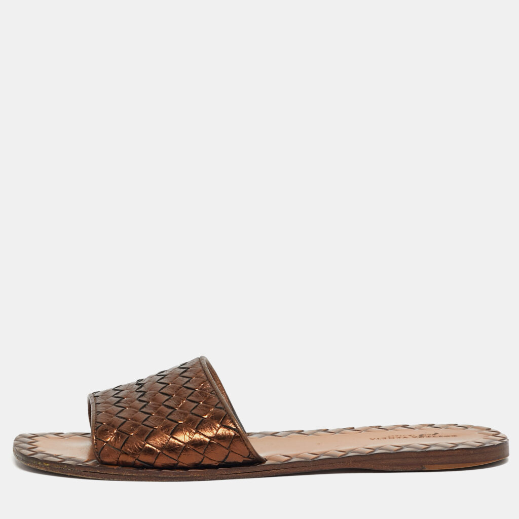 Bottega Veneta Metallic Leather Intrecciato Flat Slide Size 38.5 Bottega Veneta Metallic Leather Intrecciato Flat Slide Size 38.5