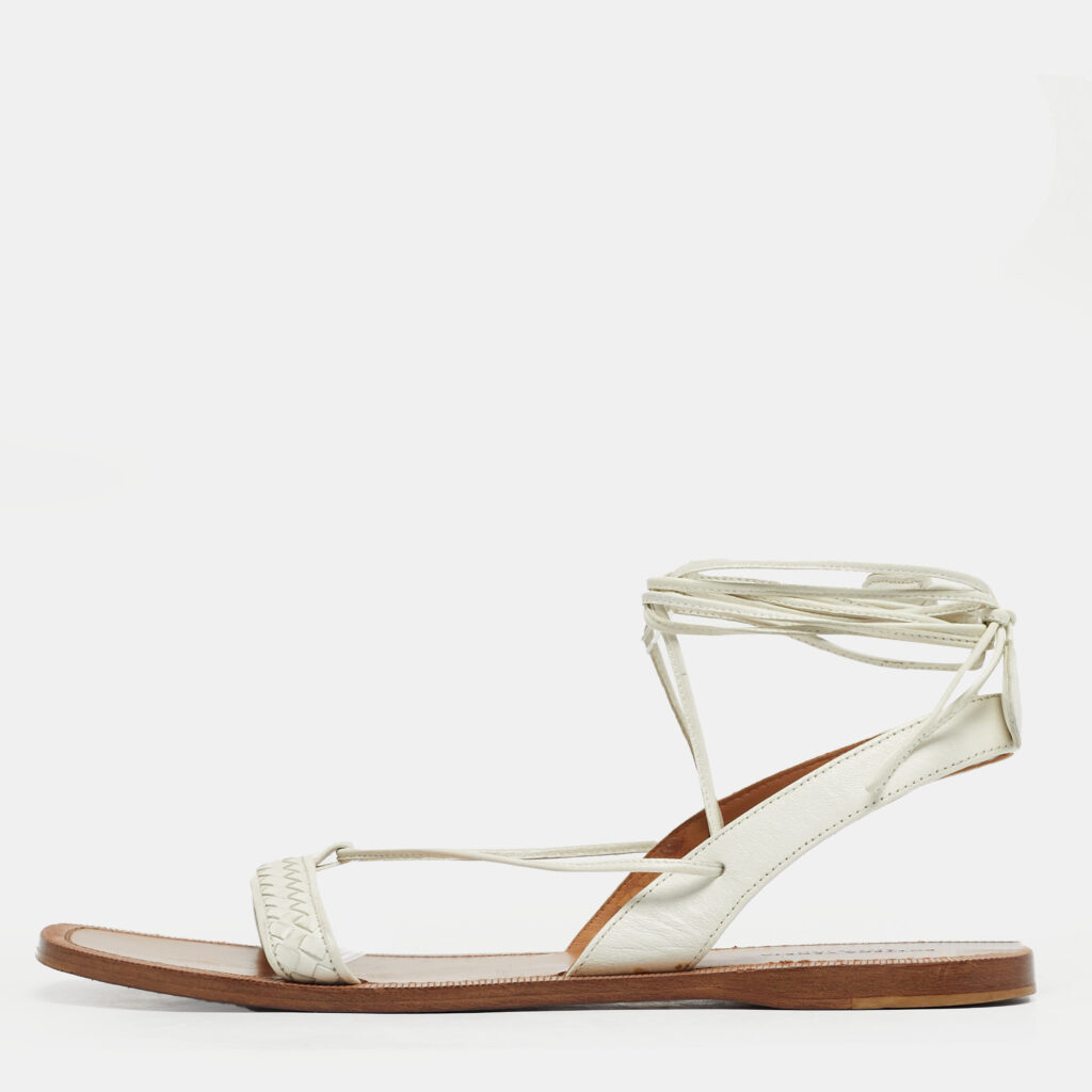 Bottega Veneta White Intrecciato Leather Ankle Wrap Flat Sandals Size 39