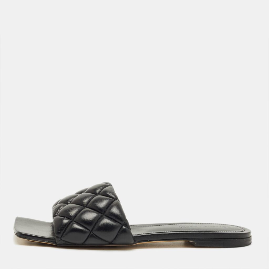 Bottega Veneta Black Intrecciato Leather Lido Flat Slide Sandals Size 38