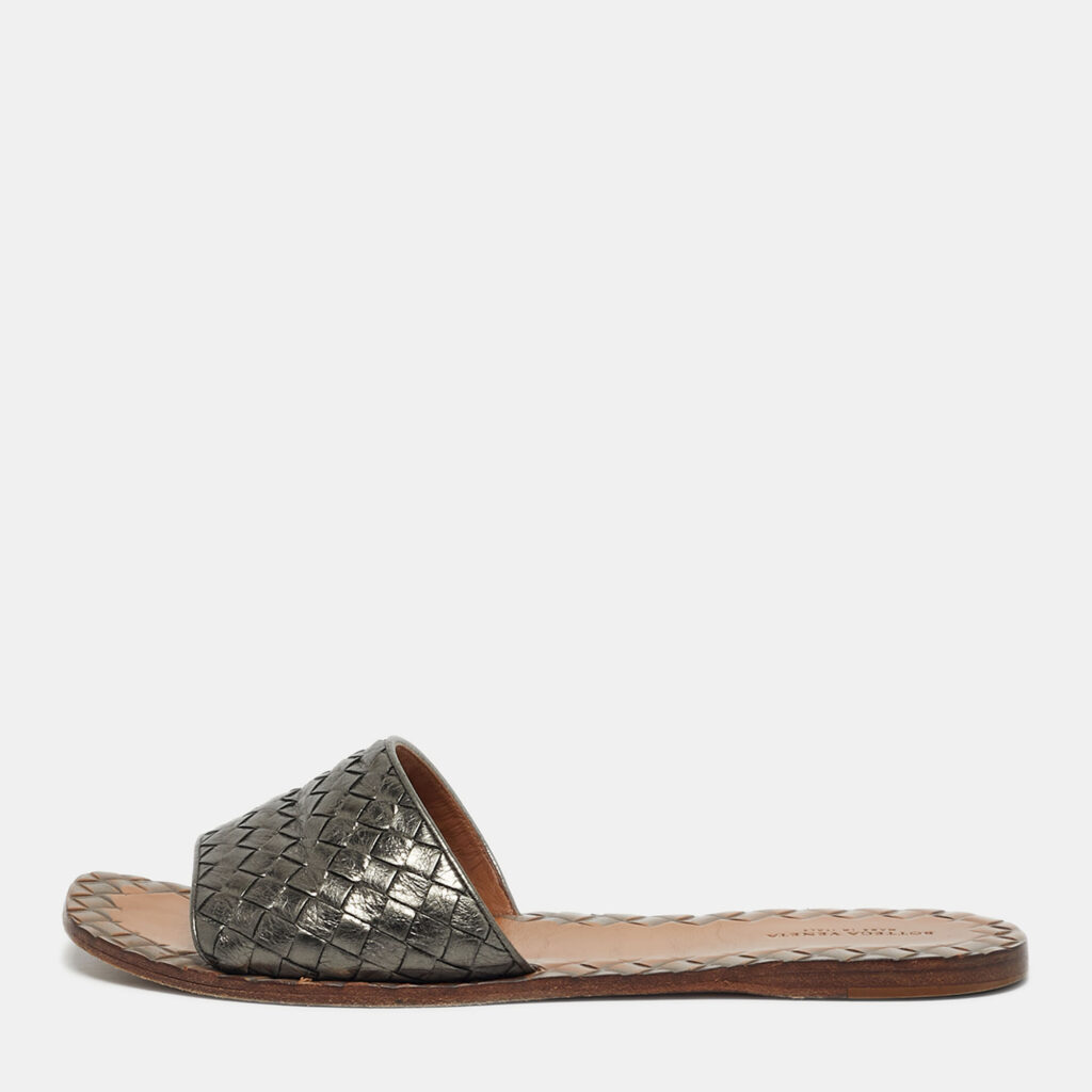 Bottega Veneta Metallic Intrecciato Leather Ravello Flat Slides Size 40