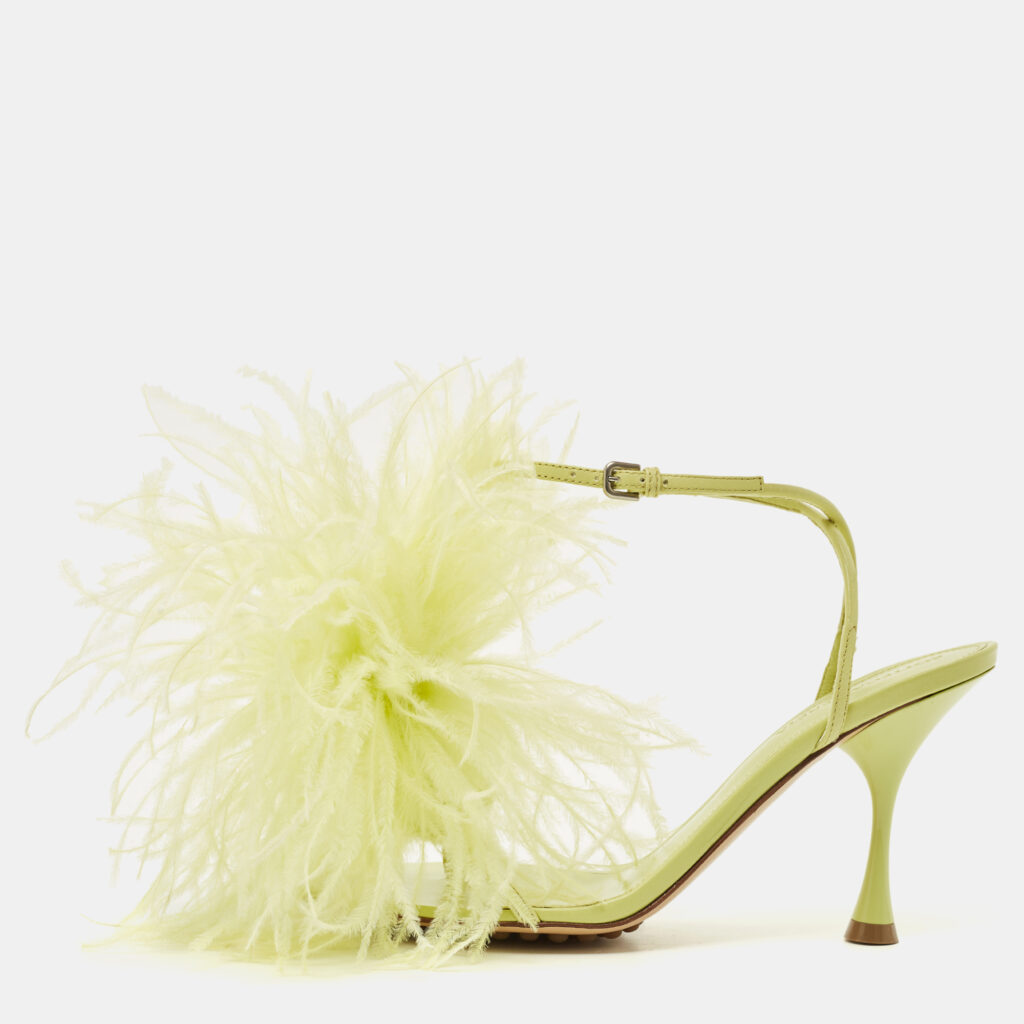 Bottega Veneta Dot Size 35.5 Green Feather and Leather Ankle Strap Sandals