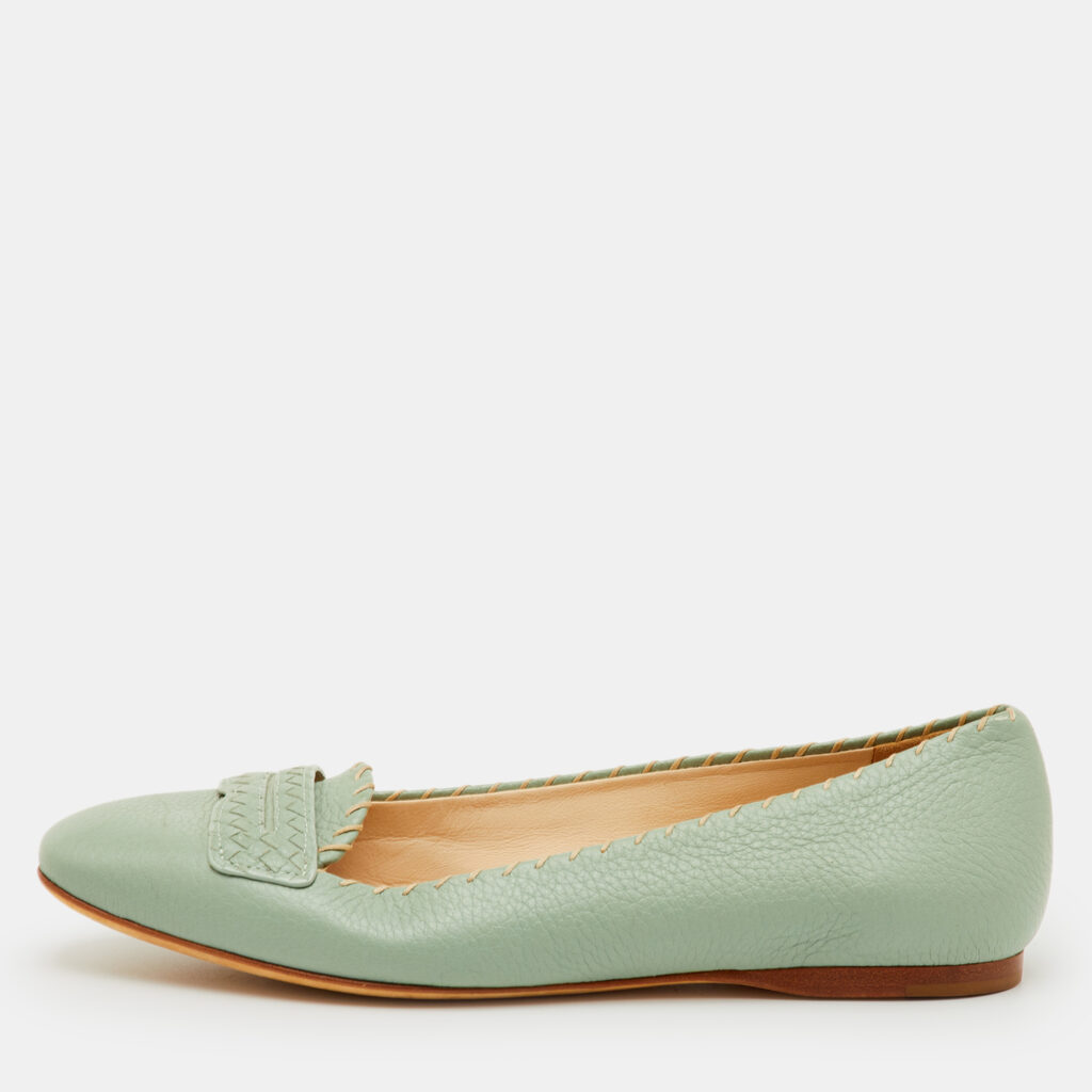 Bottega Veneta Size 38 Green Leather Ballet Flats