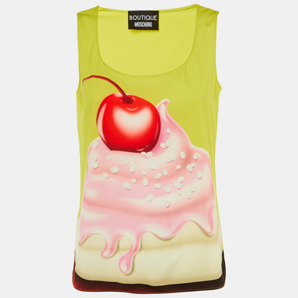 Boutique Moschino Volt Green Ice Cream Print Crepe Sleeveless Top S Boutique Moschino Volt Green Ice Cream Print Crepe Sleeveless Top S