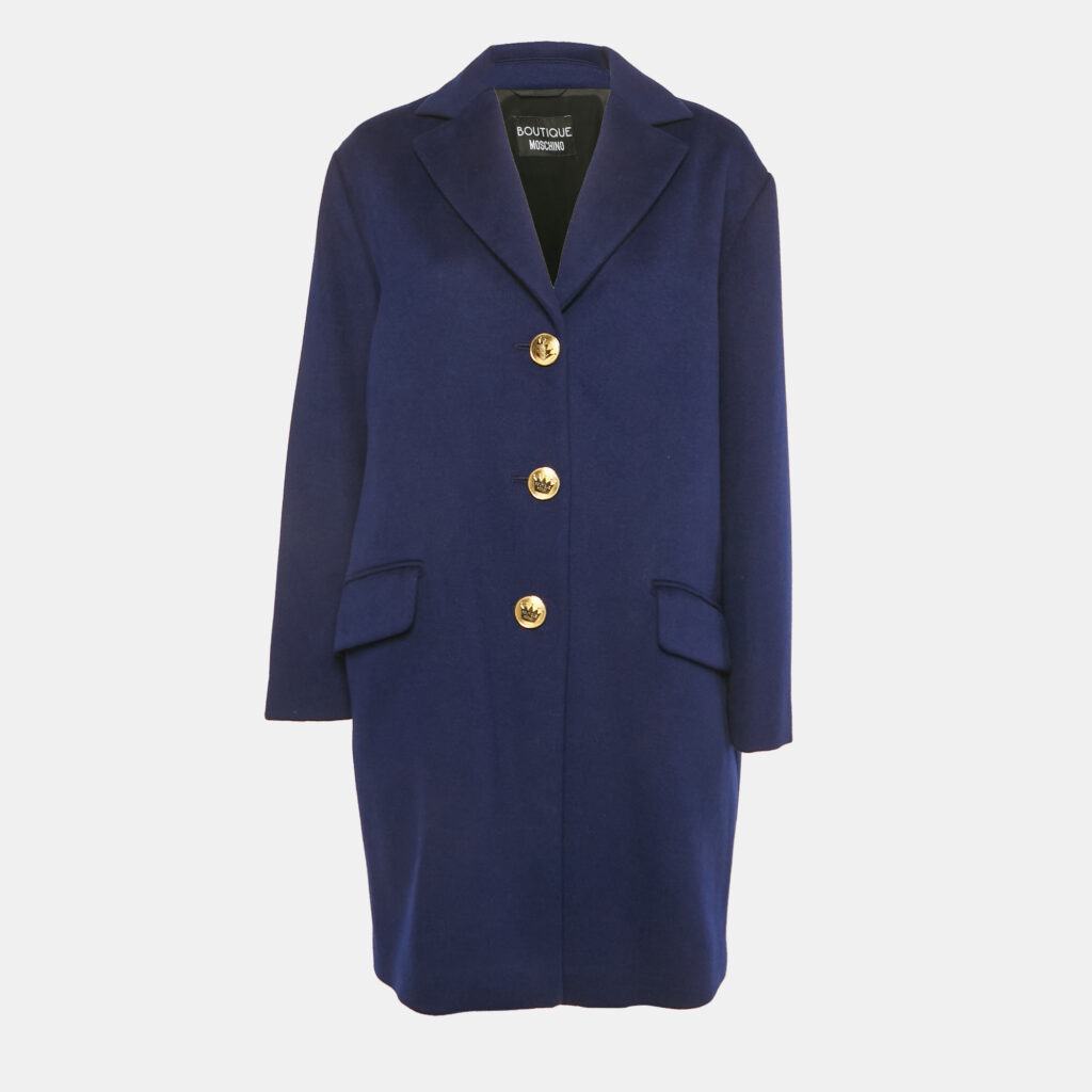 Boutique Moschino Blue Wool Blend Single Breasted Long Coat S Boutique Moschino Blue Wool Blend Single Breasted Long Coat S
