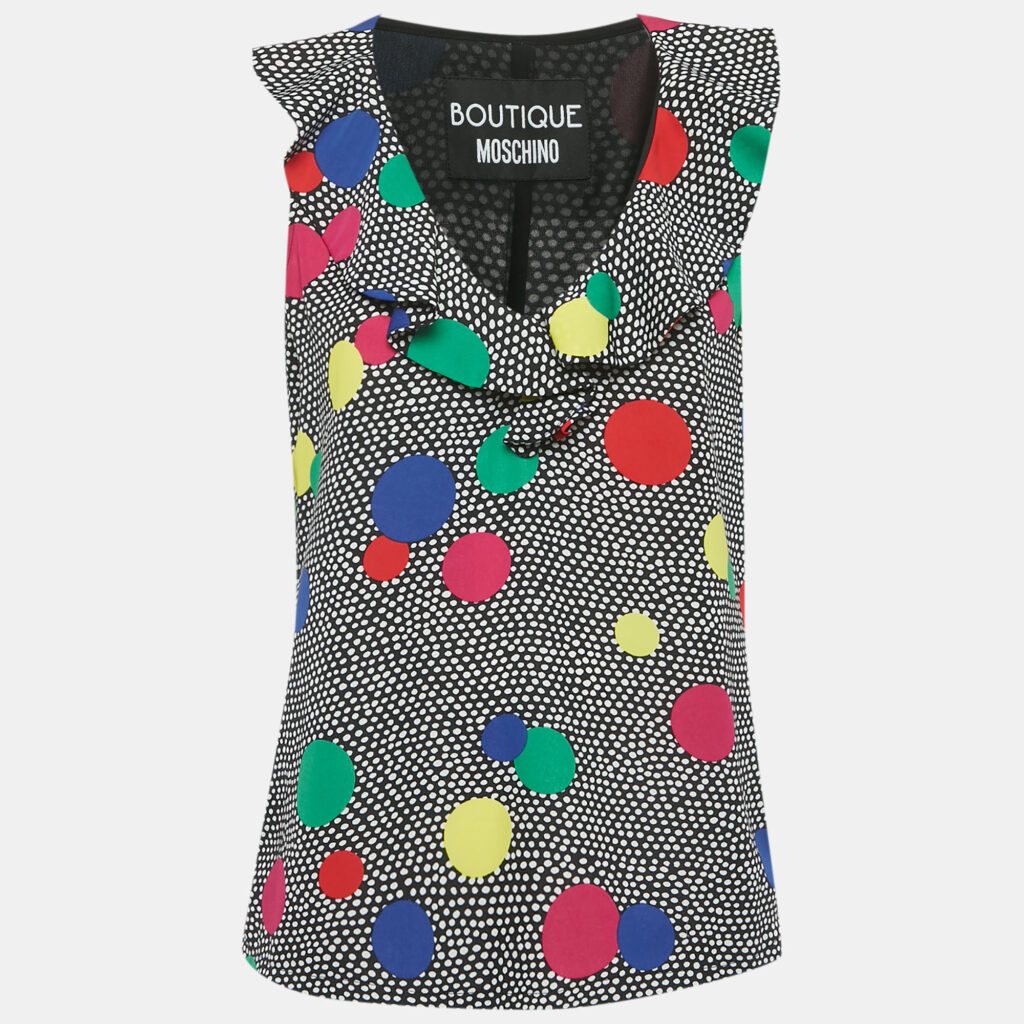 Boutique Moschino Black Dots Print Crepe Ruffled Top L Boutique Moschino Black Dots Print Crepe Ruffled Top L