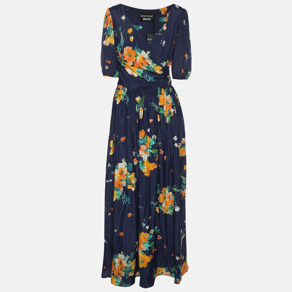 Boutique Moschino Blue Multicolor Floral Print Satin Wrap Maxi Dress M