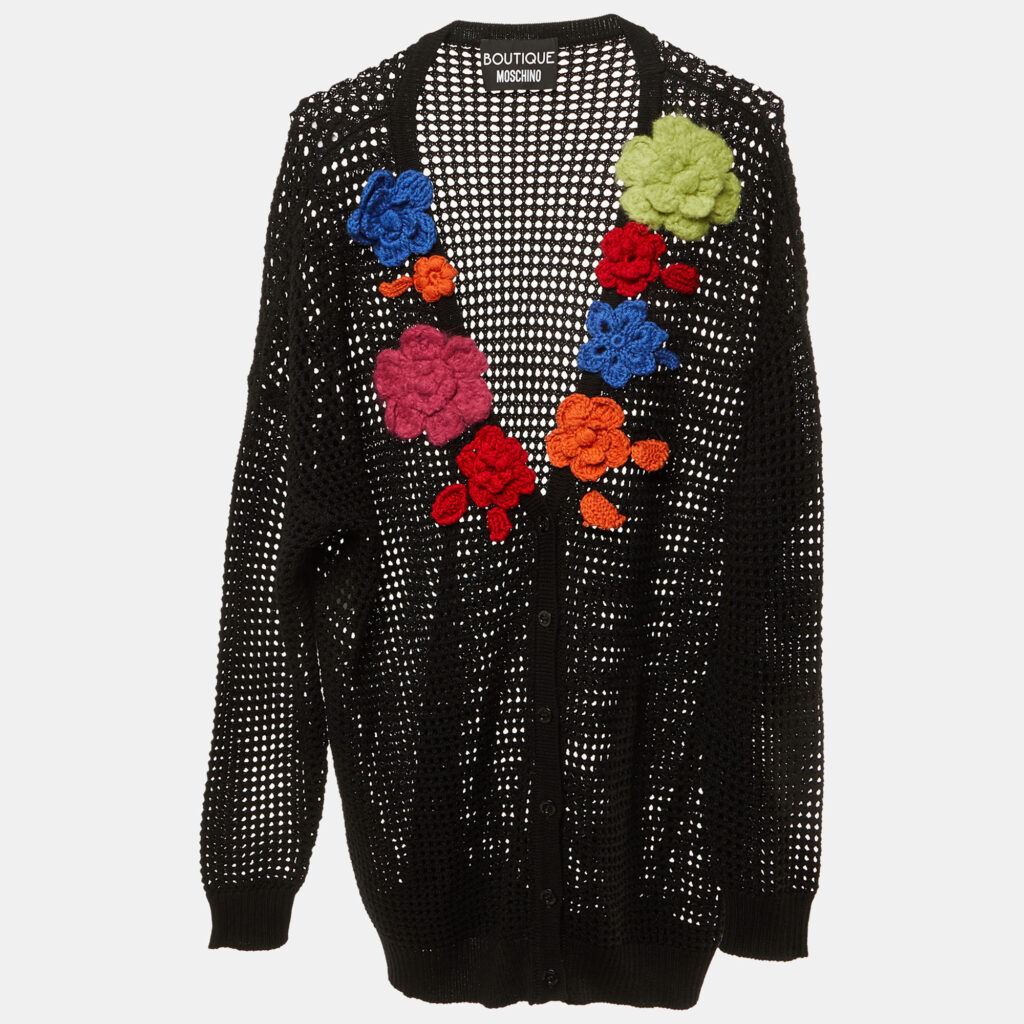 Boutique Moschino Black Wool Open Knit Floral Applique Cardigan L