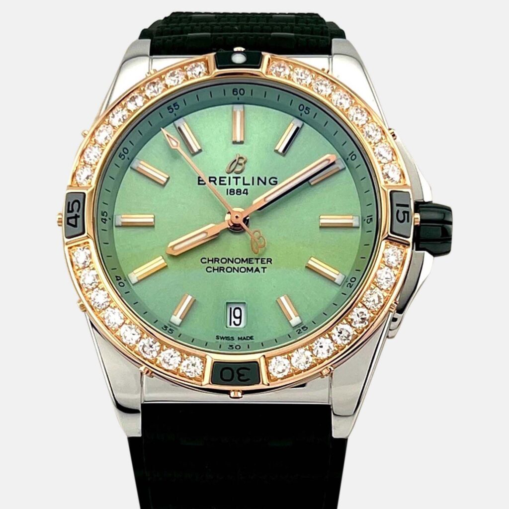 Breitling Super Chronomat U17356 Automatic Green diamonds 18k Rose Gold Stainless Steel Women's Wristwatch 38 mm Breitling Super Chronomat U17356 Automatic Green diamonds 18k Rose Gold Stainless Steel Women's Wristwatch 38 mm
