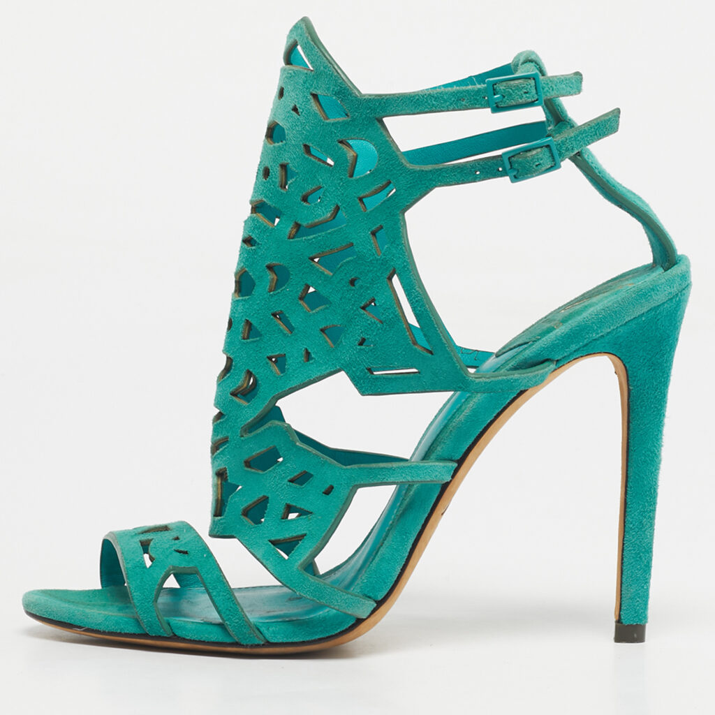 Brian Atwood Green Suede Laplata Laser Cut Sandals Size 39.5 Brian Atwood Green Suede Laplata Laser Cut Sandals Size 39.5