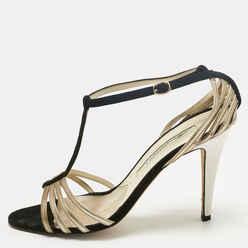 Brian Atwood Black/Gold Suede and Leather Strappy T-Bar Sandals Size 37 Brian Atwood Black/Gold Suede and Leather Strappy T-Bar Sandals Size 37