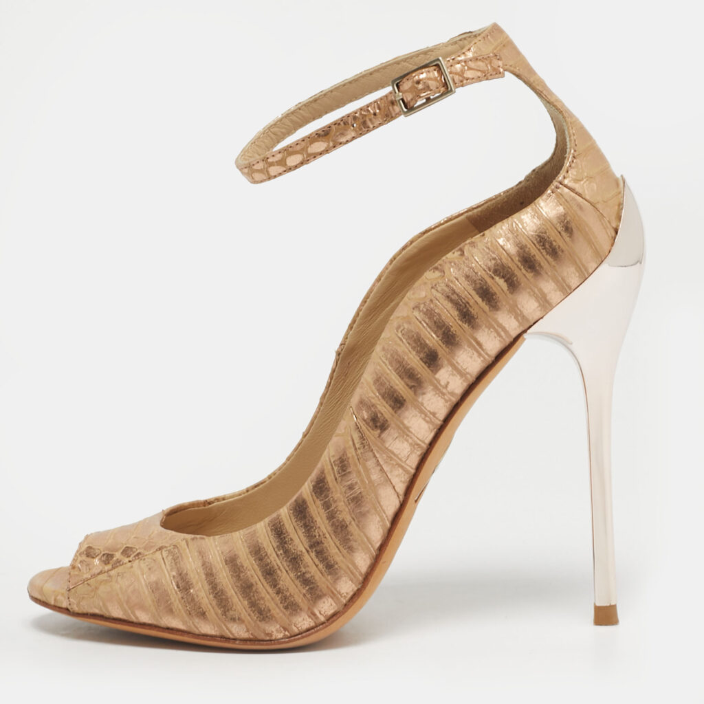 Brian Atwood Size 35.5 Metallic Python Leather Open Toe Pumps Brian Atwood Size 35.5 Metallic Python Leather Open Toe Pumps
