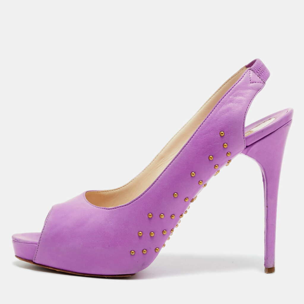 Brian Atwood Size 40.5 Lilac Leather Studded Peep Toe Slingback Pumps