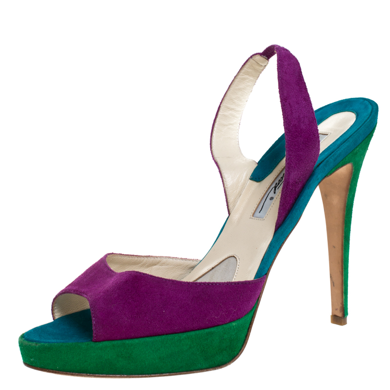 Brian Atwood Multicolor Suede Peep Toe Slingback Platform Sandals Size 39.5 Brian Atwood Multicolor Suede Peep Toe Slingback Platform Sandals Size 39.5