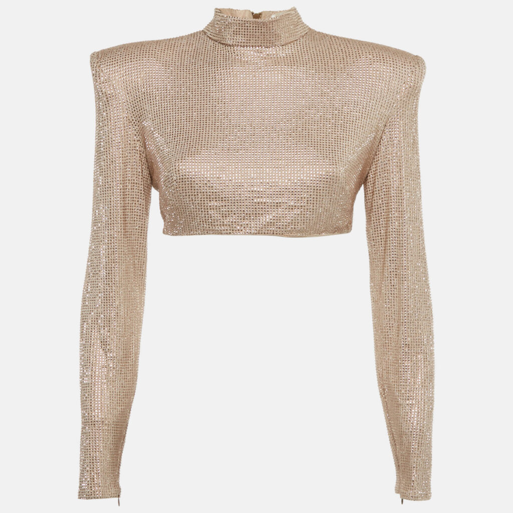 Bronx & Banco Beige Studded Jersey Zip-Up Cropped Jacket M