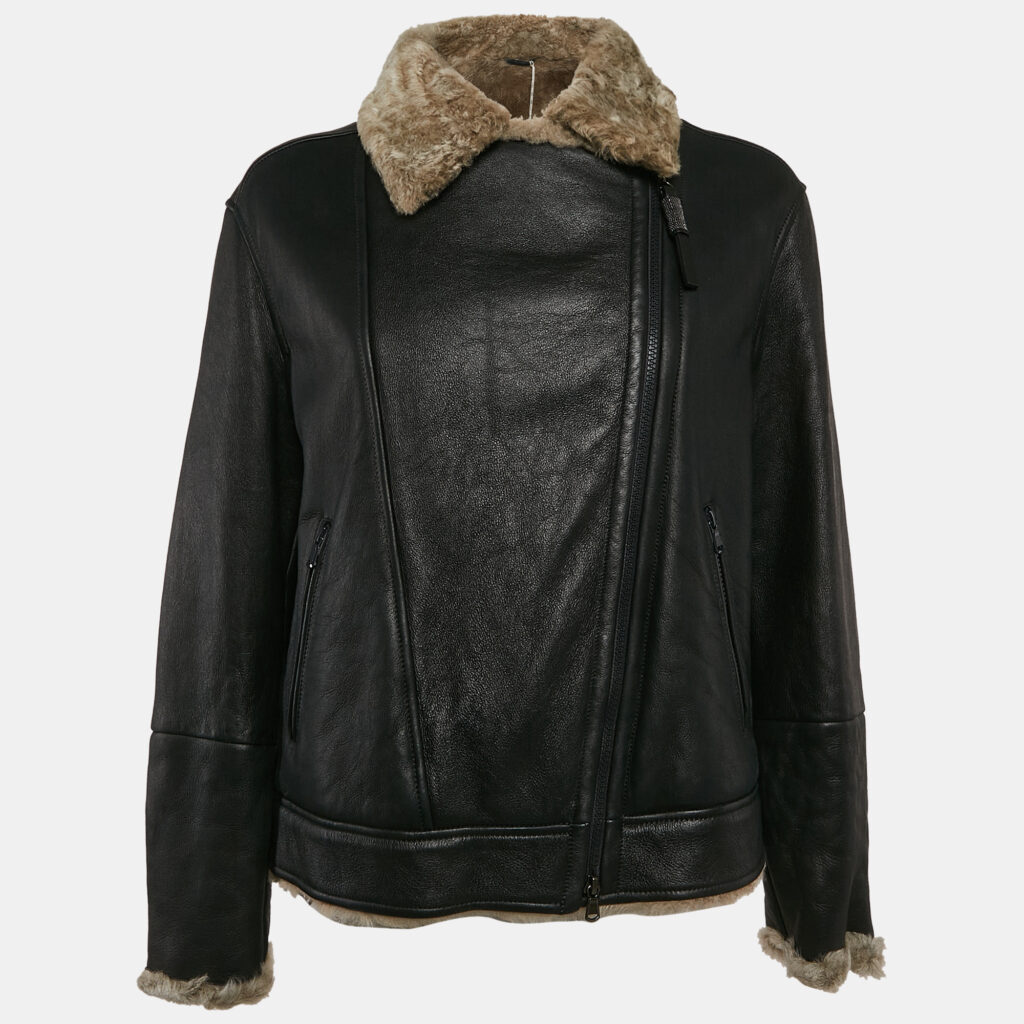 Brunello Cucinelli Black Leather Shearling Trimmed Zip-Up Jacket M Brunello Cucinelli Black Leather Shearling Trimmed Zip-Up Jacket M