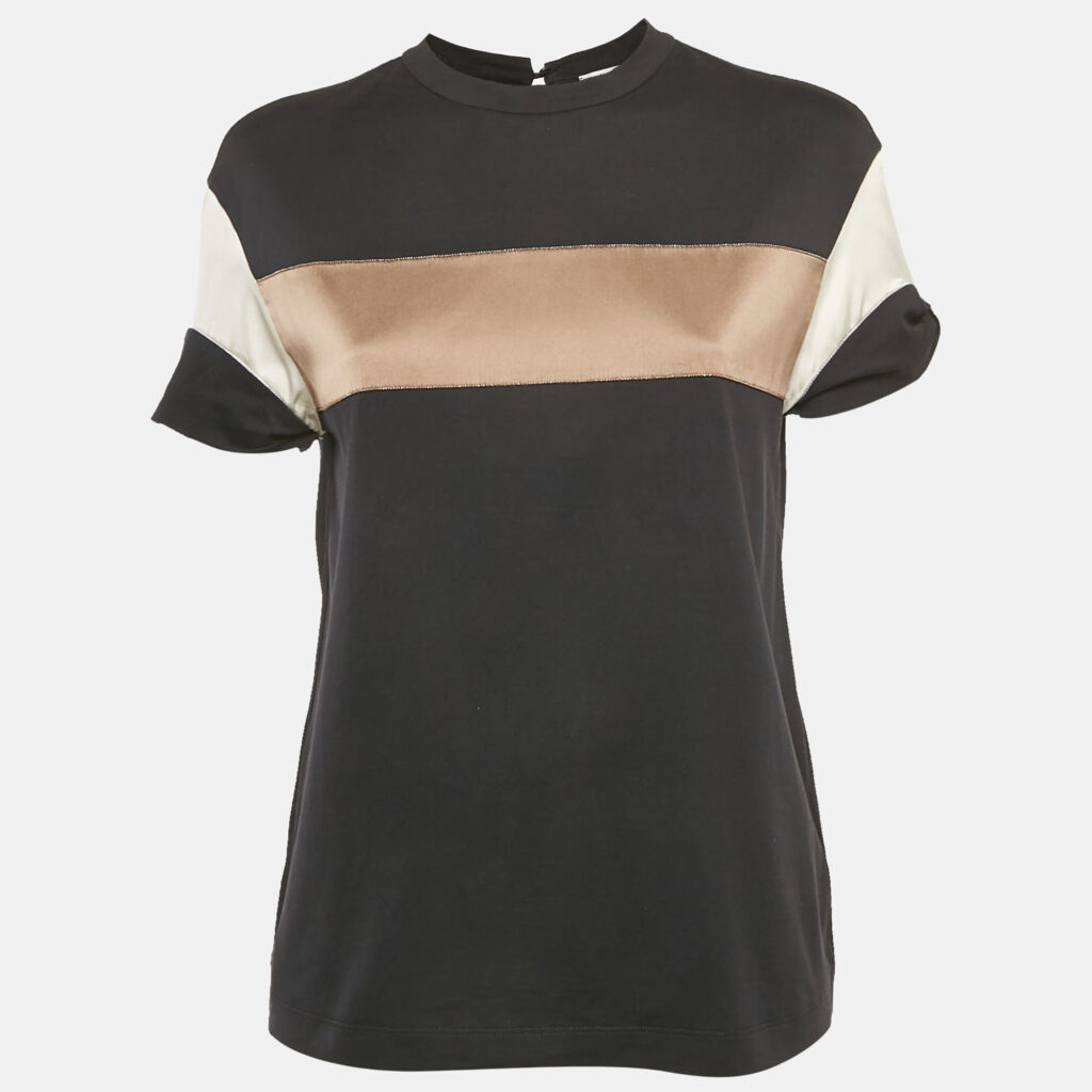 Brunello Cucinelli Black Satin Jersey Monili Detail Top XS