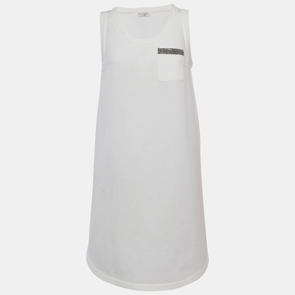 Brunello Cucinelli White Jersey Monili Pocket Detail Sleeveless Mini Dress L