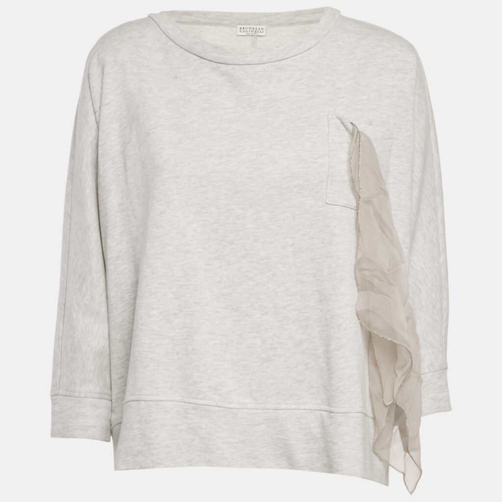 Brunello Cucinelli Grey Cotton Jersey Ruffled Monili Pocket Detail Sweatshirt XS Brunello Cucinelli Grey Cotton Jersey Ruffled Monili Pocket Detail Sweatshirt XS