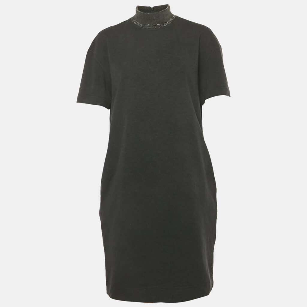 Brunello Cucinelli Charcoal Grey Cotton Knit Monili Trim Detail Shift Dress L Brunello Cucinelli Charcoal Grey Cotton Knit Monili Trim Detail Shift Dress L