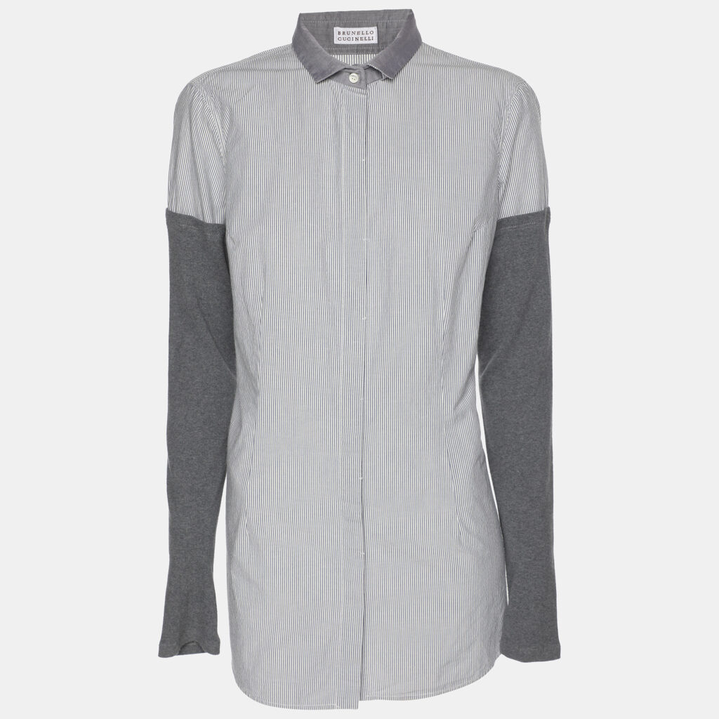 Brunello Cucinelli Grey/Off White Pin Stripe Cotton and Cashmere Long Sleeve Shirt M Brunello Cucinelli Grey/Off White Pin Stripe Cotton and Cashmere Long Sleeve Shirt M