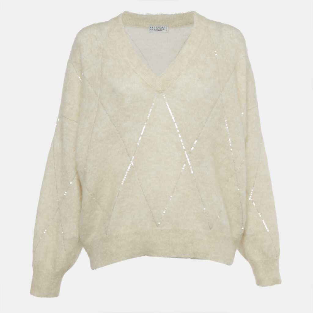 Brunello Cucinelli Cream Sequin Embellished Wool Jumper S