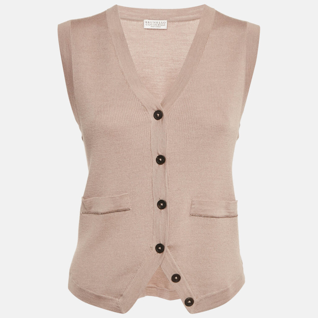 Brunello Cucinelli Beige Rib Knit Sleeveless Monili Bead Detail Cardigan S Brunello Cucinelli Beige Rib Knit Sleeveless Monili Bead Detail Cardigan S