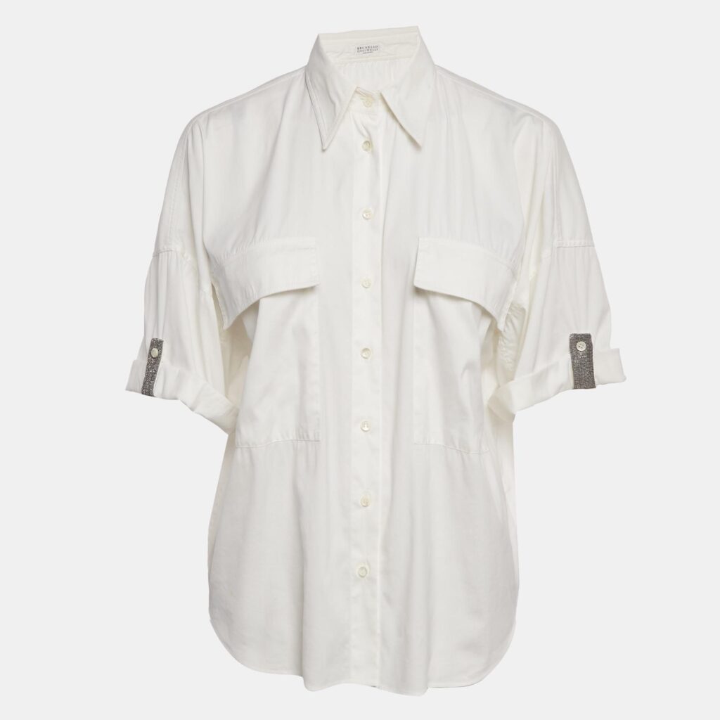 Brunello Cucinelli White Cotton Blend Embellished Trim Short Sleeve Shirt S