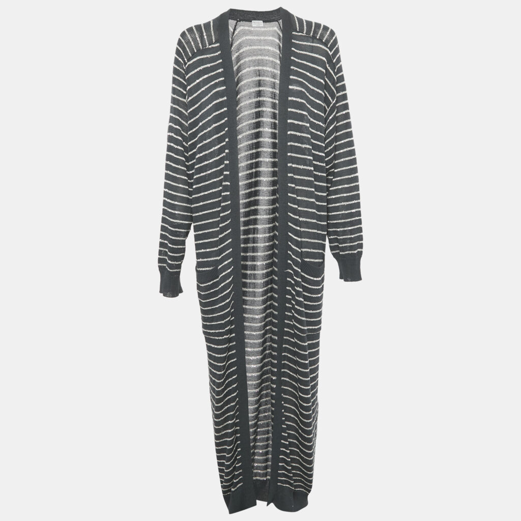 Brunello Cucinelli Grey Striped Cotton Sequin Long Cardigan L Brunello Cucinelli Grey Striped Cotton Sequin Long Cardigan L