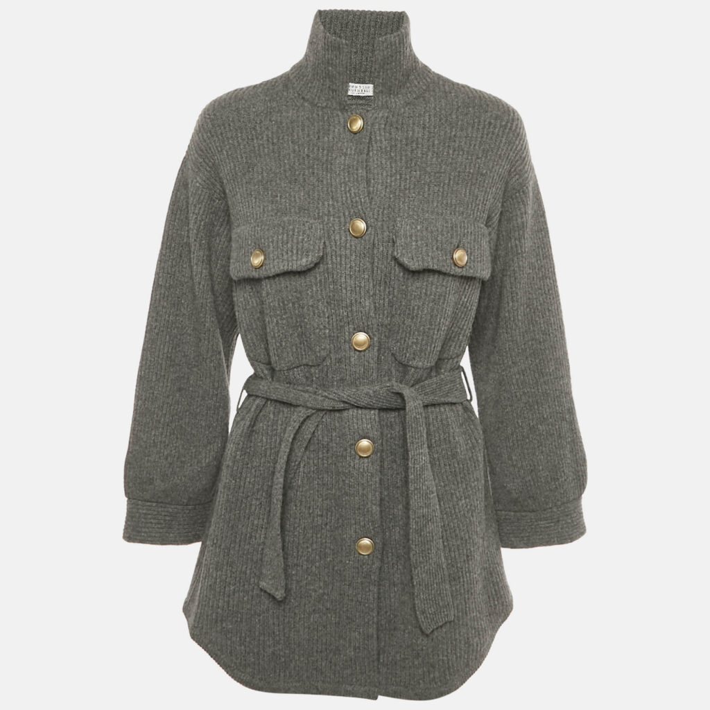Brunello Cucinelli Grey Rib Knit Belted Jacket S Brunello Cucinelli Grey Rib Knit Belted Jacket S