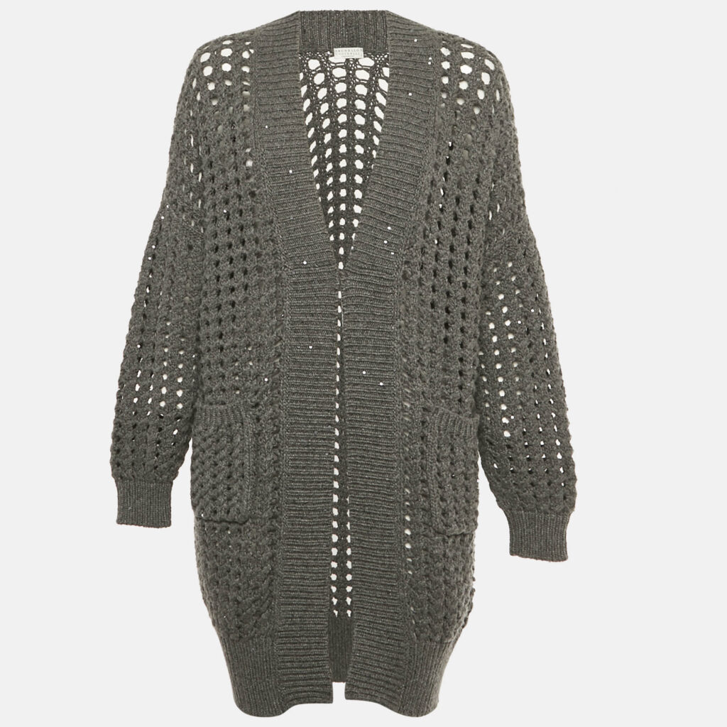 Brunello Cucinelli Grey Sequin Open Knit Cardigan S Brunello Cucinelli Grey Sequin Open Knit Cardigan S