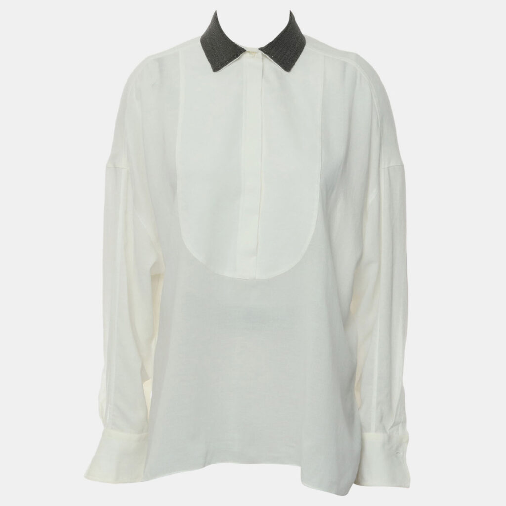 Brunello Cucinelli Off White Monili-Collar Long Sleeve Shirt