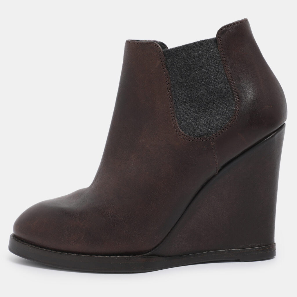 Brunello Cucinelli Brown Elastane and Leather Wedge Ankle Length Boots Size 37