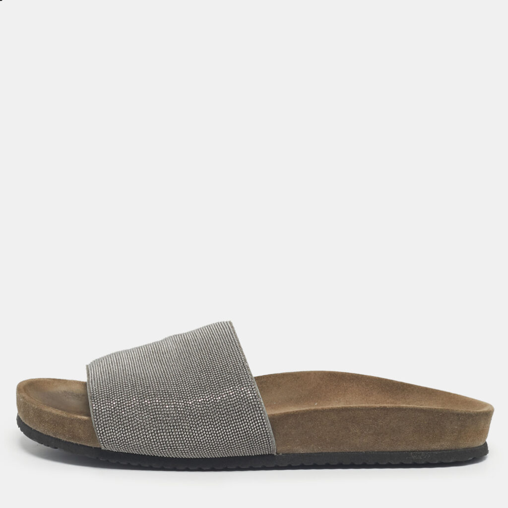 Brunello Cucinelli Silver Metal and Suede Monili Flat Slides Size 38