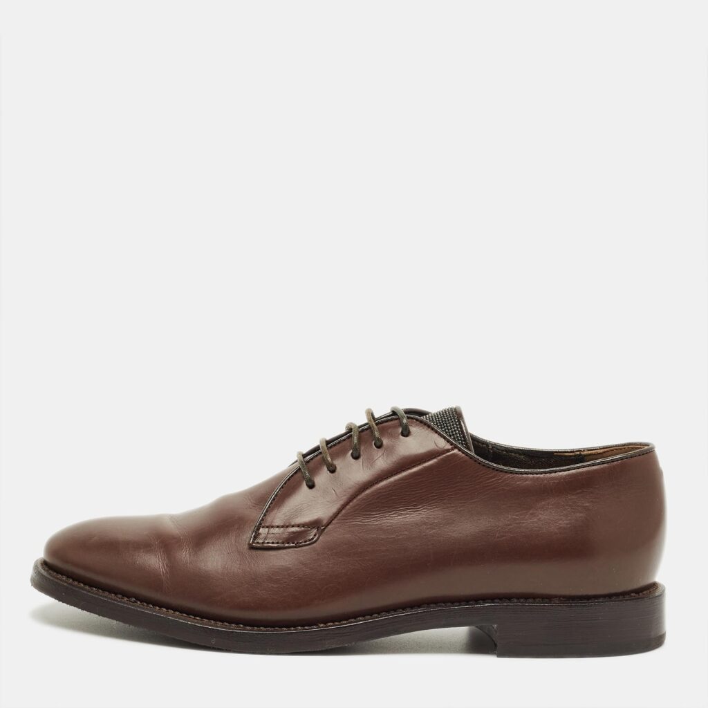Brunello Cucinelli Brown Leather Monili Embellish Derby Size 38 Brunello Cucinelli Brown Leather Monili Embellish Derby Size 38