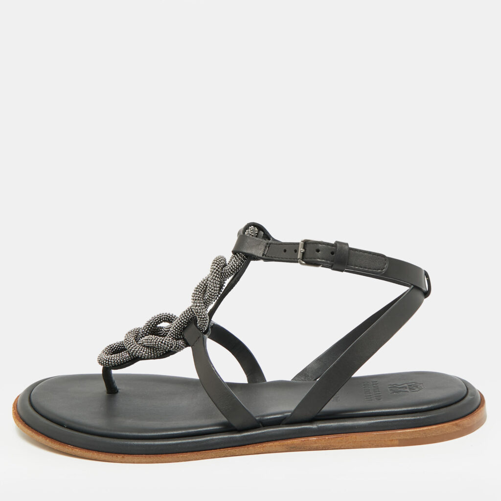 Brunello Cucinelli Black Leather Beads Knot T-Strap Flat Sandals Size 38 Brunello Cucinelli Black Leather Beads Knot T-Strap Flat Sandals Size 38