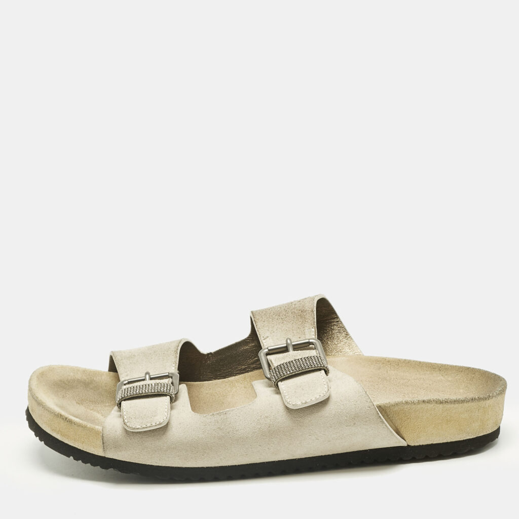 Brunello Cucinelli Off White Suede Flat Slide Sandals Size 38.5