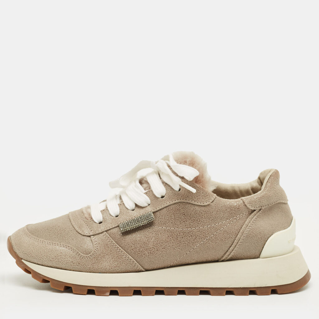 luxury-women-brunello-cucinelli-used-shoes-p1244784-001.jpg Brunello Cucinelli Grey Leather Lace Up Sneakers Size 35.5