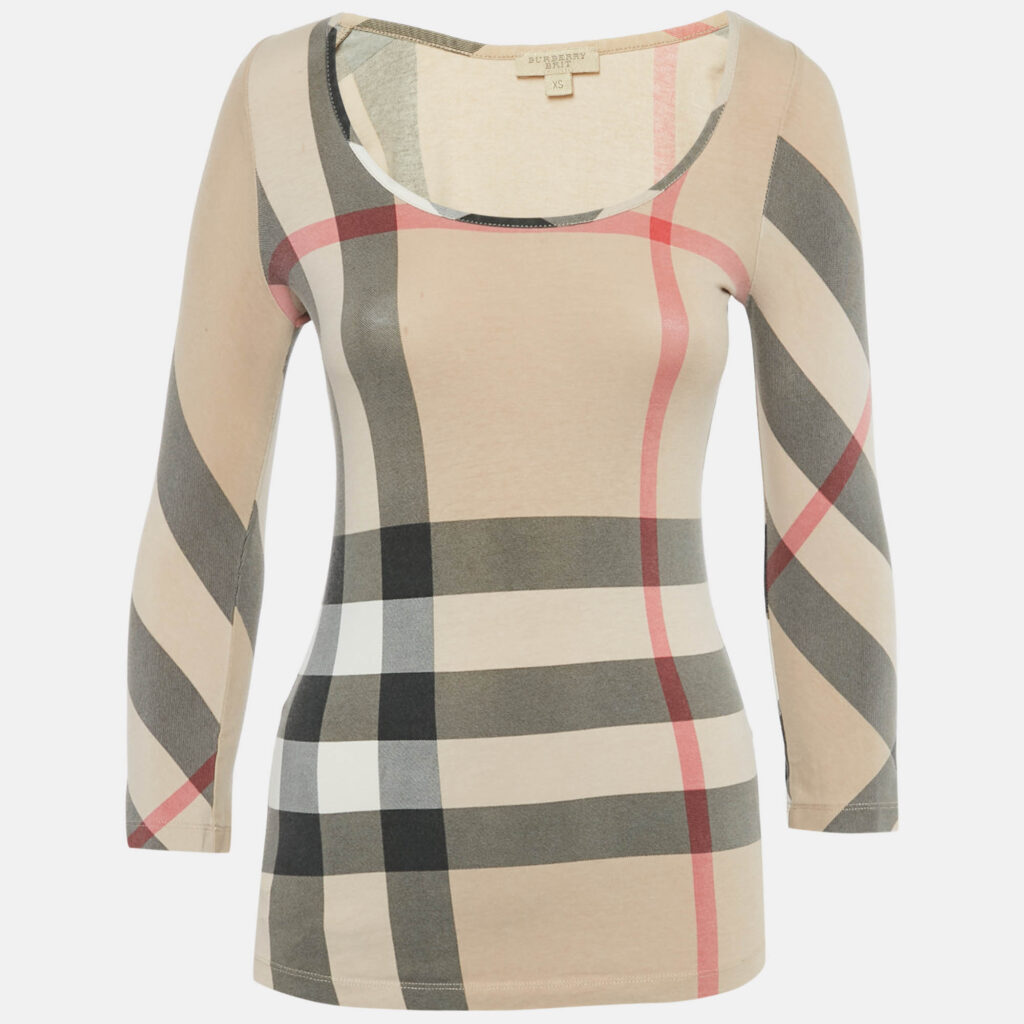 Burberry Brit Light Beige Giant Check Cotton Knit Top XS