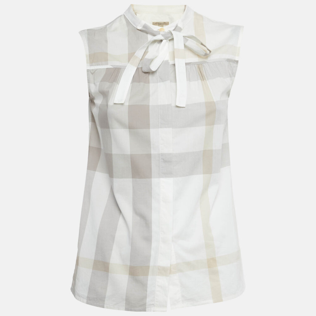 Burberry Brit White Plaid Print Cotton Tie -Up Mock Neck Blouse XS